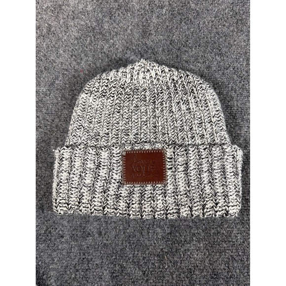 Love Your Melon Accessories - Love Your Melon Beanie Hat Black White Marled Knit Cuffed Leather Patch USA Made